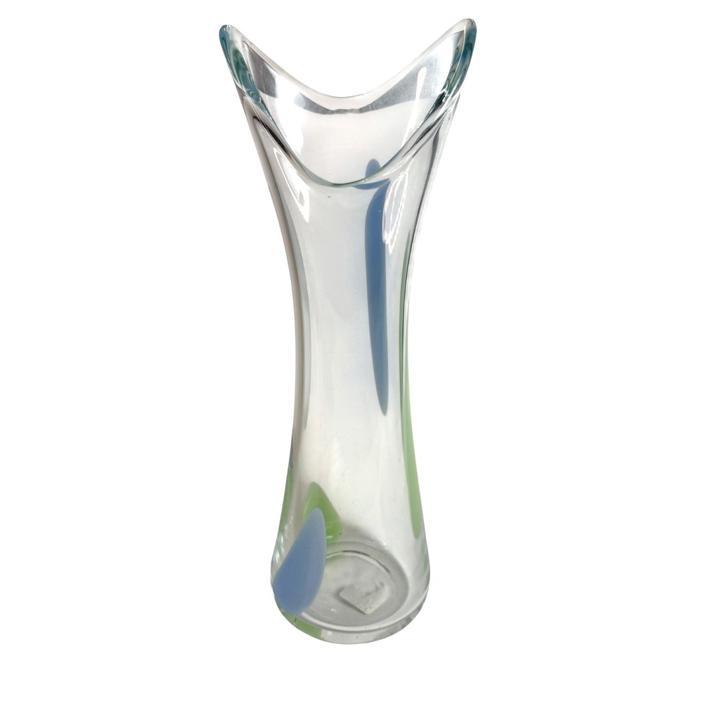 16.5" Heavy Art Glass Beak Vase Pulled Rim Clear Blue Green Teardrop Modernist